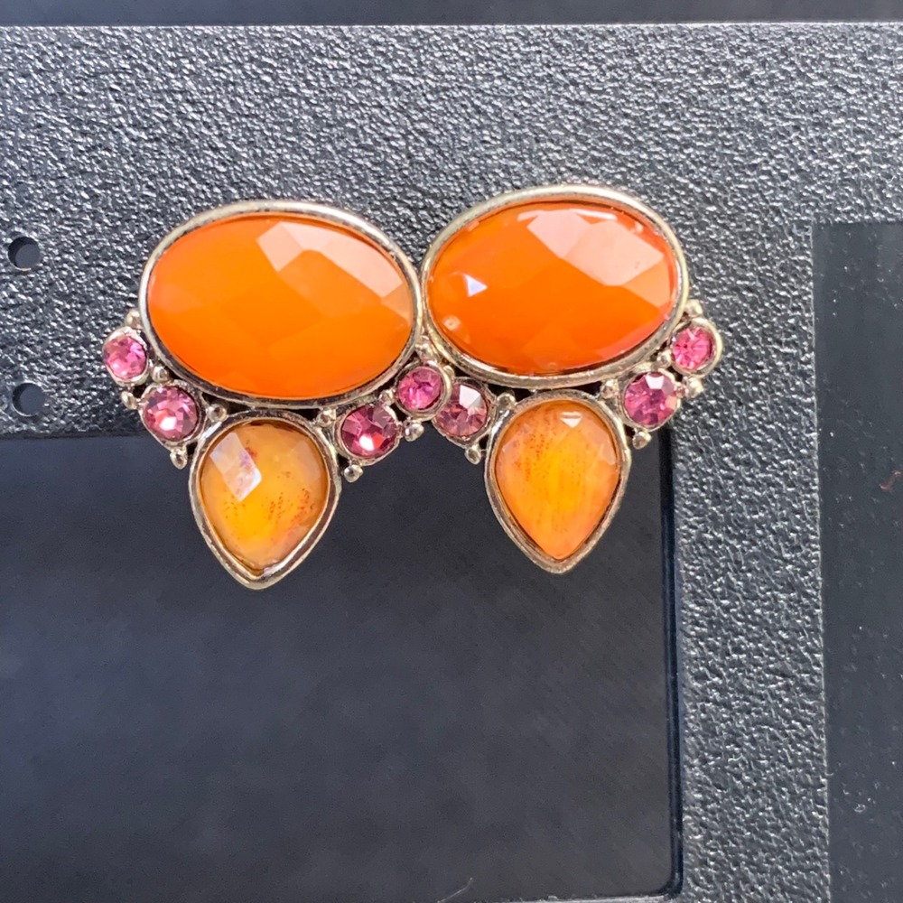Unbranded Orange Pink Rhinestone Cluster Stud Earrings Silver Tone Statement
